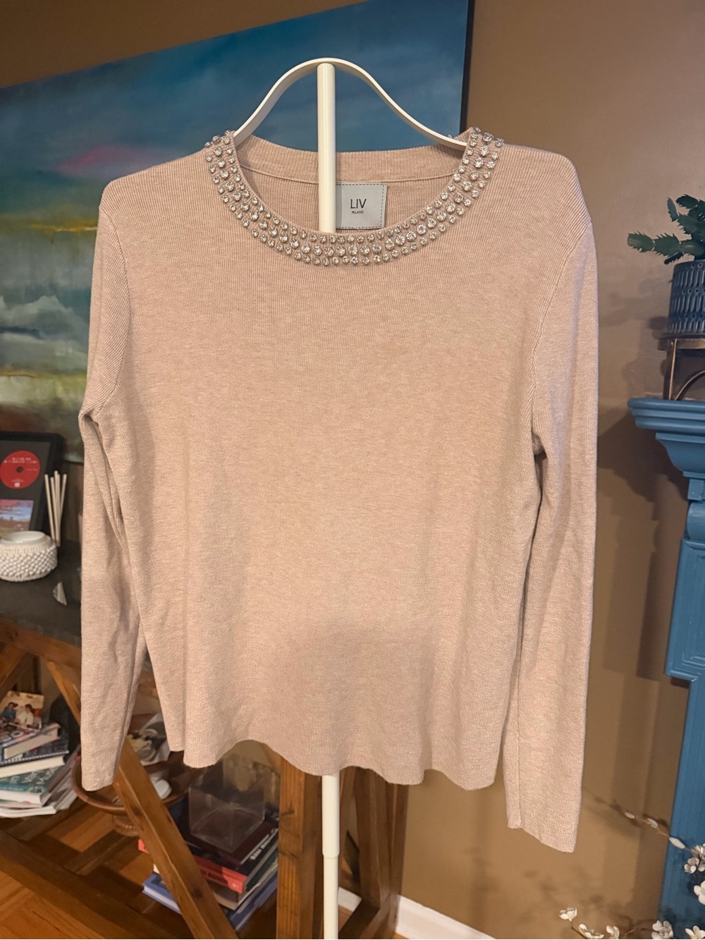 Tan Beaded Crewneck Sweater Top
